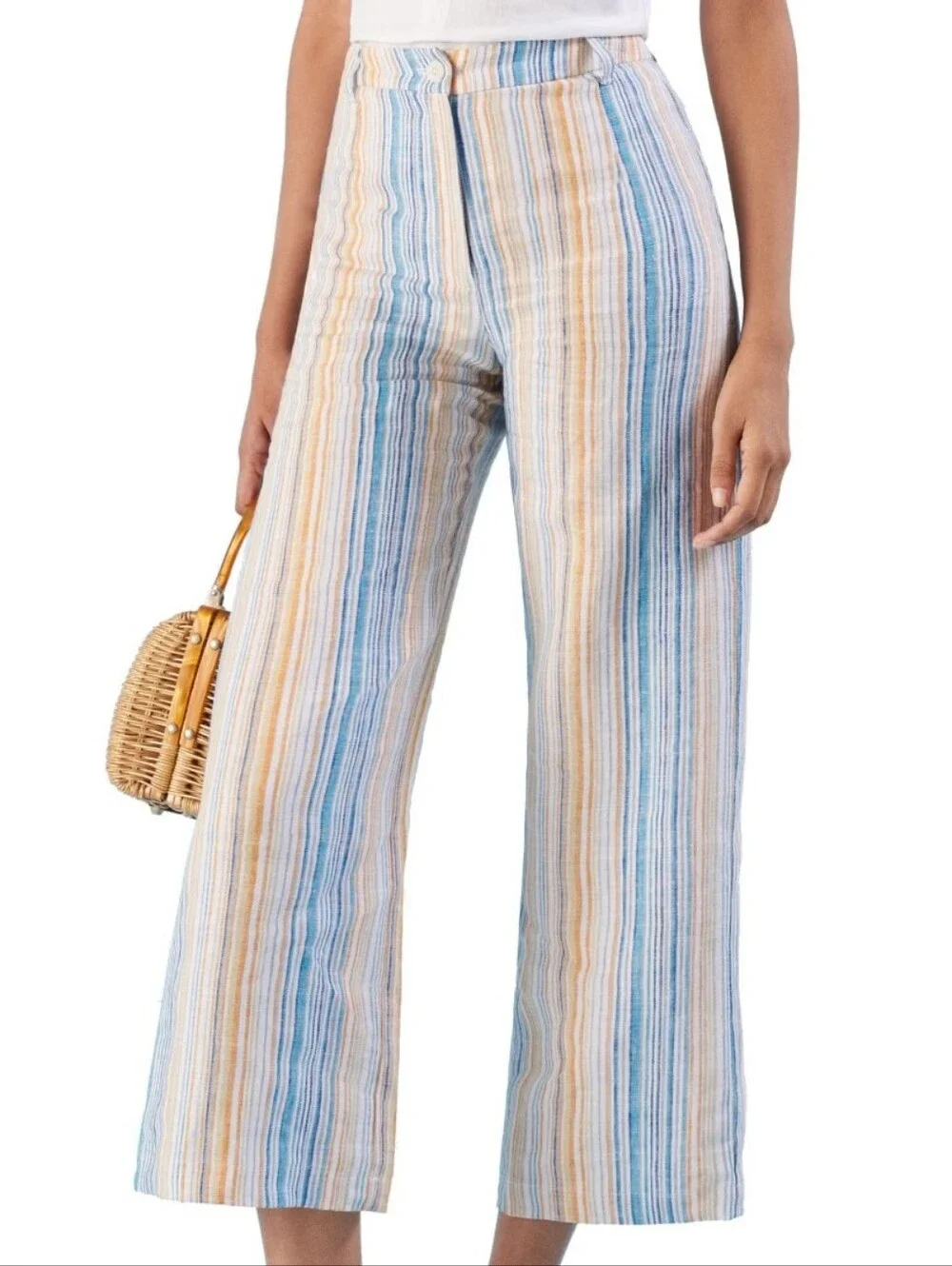 Reformation Tahiti Linen High Rise Wide Leg Crop In Rainbow Pastel Stripe